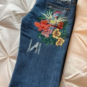 People of the World Parrot and Hibiscus Embroidered Floral Boot Cut Jeans